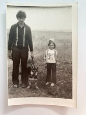 Handsome young man with daughter and dog family child kid Vintage Photo picture