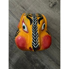 Vintage Hand Painted Wood Jaguar Mask Miniature Folk Art Figurine Yellow picture