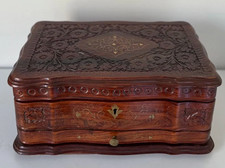 Antique Vintage Wooden Wood Jewelry Box Intricate Brass Floral Inlay Work w/ Key picture