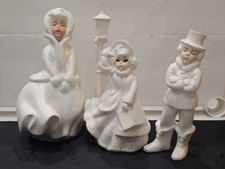 Set 3 Vintage Ceramic Atlantic Mold  Carolers Holiday 9” Bisque & Glitter + Post picture