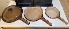 3 Visions by Corning Amber Glass Waffle Bottom Skillets 10” 9.5” 7” One Lid picture