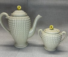 Antique Maruhon Ware Japan Hobnail Coffee Pot & Sugar Bowl Yellow Flower 1920s picture
