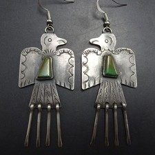Old Style NAVAJO Hand Stamped Sterling Silver TURQUOISE Thunderbird EARRINGS picture
