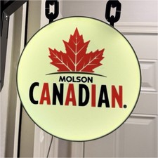 Molson Canadian Round Hanging Lighted Sign w/ Wall Bracket Metal White/Red/Black picture