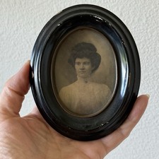 Antique Woman Portrait Photograph Oval Black Frame Victorian Edwardian Style picture