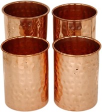 Coper Water Tumbler Glass Handcrafted Hammered Copper Cups Ayruveda Set Of 4 Pcs picture