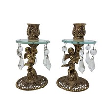 Vintage Cherub Candle Holders Pair Gold Tone Glass Prisms Rococo Candlesticks picture