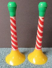 Spec Toy Christmas Trumpet Noise Maker Pair Candy Cane Green Yellow Red 1950's picture