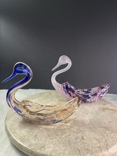 Set Of 2 Oglebay Wheeling Handcrafted Blue Glass Swans Original Labels Attached picture
