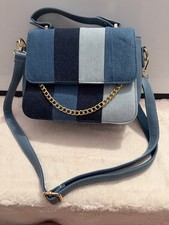 Denim Patchwork Shoulder Bag Blue Striped Chain Accents picture