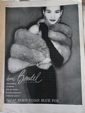 1955  Women's Saga Norwegian blue fox fur stole Henri Bendel vintage fashion ad picture