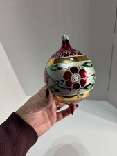Vintage Large Blown Glass Christmas Ball Ornament Red Flower Glitter Poland picture