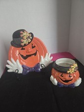 Fitz And Floyd Essentials Derby Pumpkin Canape Plate & Candle Holder Fall Set picture