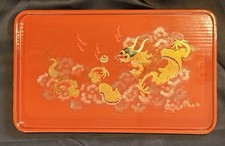 Mid Century Hand Painted Textured Chinese Dragon’s Pearl Coral Red Lacquer Tray picture