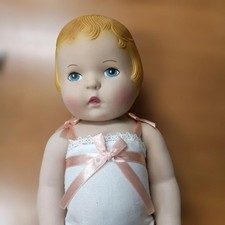 Vintage Baby Doll Blonde Hair Blue Eyes White Bodysuit 44cm picture
