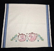 VTG White Cotton/Linen Kitchen Towel W/ Hand Embroidered Pink Poodles & Other picture