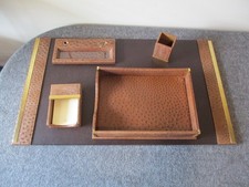 VINTAGE OSTRICH LEATHER MARK CROSS ITALY 5 PC DESK SET (TAN) + ORIGINAL PAPER picture