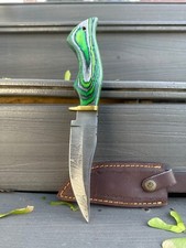 HANDMADE DAMASCUS STEEL SKINNING KNIFE GREEN WOOD BRASS GUARD HUNTING OUTDOOR picture