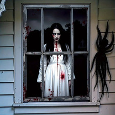 Halloween Ghost Window Backdrop 2D Flat Scary Female Ghost Polyester Decor picture