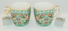 William Morris Strawberry Thief Fine China Mugs Turquoise 16 oz Set of 2 NEW picture