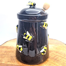 Department 56 Vintage Bumble Bee Honey Pot Jar Hive Honey Dipper Ceramic VTG picture