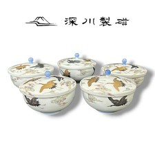 Set of 5 Japanese Vtg Arita Ware Yunomi Cups w/lid　Fukagawa Seiji Cloud/Crane picture