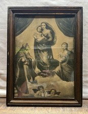 Antique Wood Picture Framed Print of Sistine Madonna Raphael ~ Religious Art picture