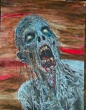 Commissoned Zombie Horror Portrait Painting, watercolor on waterboard 9x12  picture