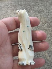 Arnie Calavazza Zuni Fetish Polar Bear Turquoise Standing Signed Antler Vintage picture
