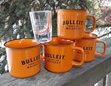 BULLEIT Frontier Whiskey Limited Edition Ceramic Mugs Set 4 Cups & Shot Glass picture
