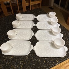 Set of 8 Vintage Hazel Atlas Luncheon Plate Cup Milk Glass Dogwood Pattern 16 Pc picture