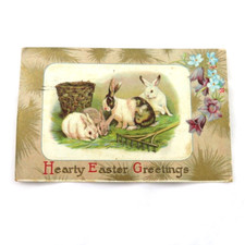 Vintage Postcard 1912 Hearty Easter Greetings Rabbits Garden Rake Embossed picture