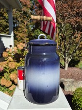 Antique Cobalt BLUE & WHITE THISTLE Milk CREAM CAN PAIL Graniteware Enamelware picture