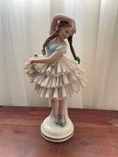 Vintage German Dresden Style Porcelain and Lace Figurine, 8.25” Tall picture