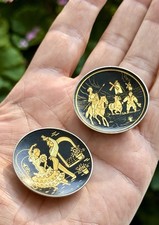 Vintage Toledo Damascene 2 Miniature Footed Plates Don Quixote Flamenco Dancers picture