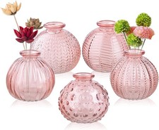 Set of 5 Elegant Pink Glass Bud Vases with Crok Wire Handles for Centerpieces picture