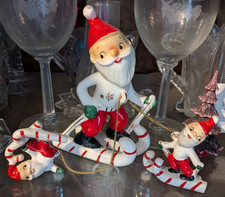 Vintage Holt Howard Japan Santa Trio Chained Skiing 1950’s Ceramic Christmas MCM picture