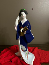 Japanese Geisha Woman Figurine Hakata ningyo Blue Kimono Gold Obi Holding Fan picture