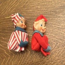 Lot of 2 Vintage Christmas Pixie Elf Knee Hugger Ornaments Japan Felt Striped picture
