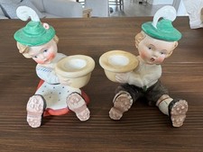 Antique Bisque Tyrolean Boy Girl Figurine Pair Green Feather Hat Planter Germany picture