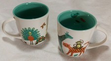 Lot (2) Starbucks 2008 Zoo Animals Safari Mugs White Porcelain-Teal W/Print 8OZ picture