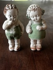 Antique German Bisque Googly-Eyed Character Figurines-Boy & Girl Pair picture