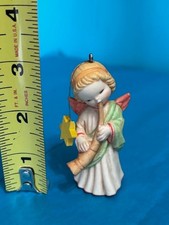 VTG ANRI FERRANDIZ ITALY HAND CARVED FIGURINE SIGNED W/ANGEL SHOFAR TRUMPET HORN picture