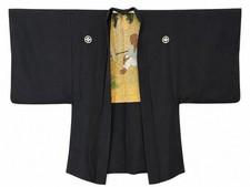 Antique Japanese Men’s Black Silk Haori 5 Kamon Rakan Buddhist Haura Lining picture
