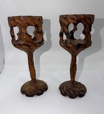 Vintage Hand Carved Wood Reticulated Candle Holders Pair Goblet Chalice Folk Art picture