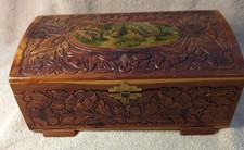 Vintage Cedar Wood Jewelry Box w/ Hand-Carved Floral Design Mirror Mid Century picture