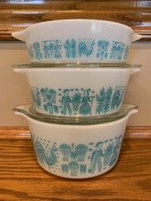 Pyrex Amish Butterprint Turquoise on White Stamp Program 471 472 473 Set picture