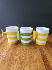 Vtg 1970s DEKA Set Of 3 Striped Mug Cups T Handle Retro MCM Plastic Yellow Green picture