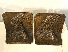 Antique Bronze Cast Iron Native American Chief Bookends Pair, Carved Western picture