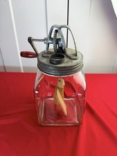Vtg Dazey No 4 Butter Churn 4 Qt Red Football Top Wood Paddle Glass Jar 14” picture